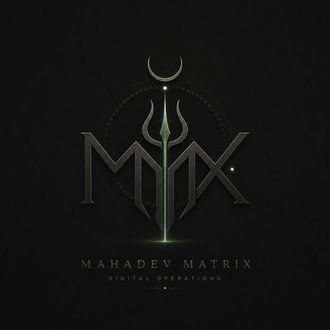 Original metallic MMX monogram with trishul and crescent, Mahadev Matrix Digital Operations